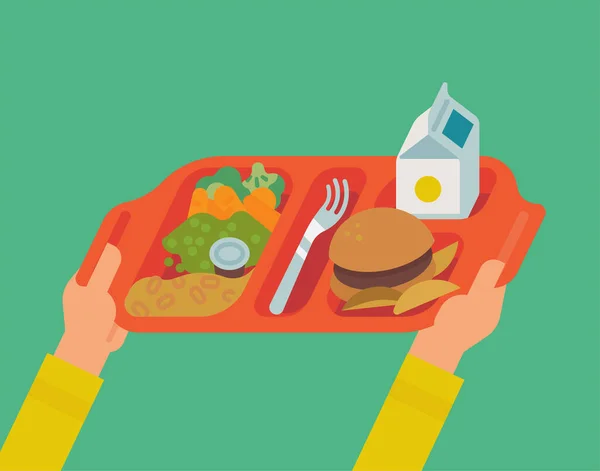 School lunch program concept vector illustration with student hands holding plastic tray with a meal — Stock Illustration School Lunch Program Concept Vector Illustration Student Hands Holding Plastic Stock Illustration