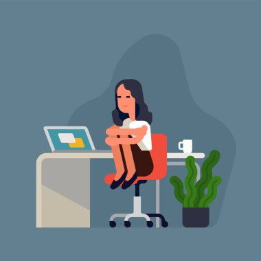 İş yerindeki üzgün ofis çalışanı kadın dizlerini tutarak sandalyede oturuyor. Tükenme ve iş yerinde motivasyon eksikliği üzerine düz tasarım vektör çizimi