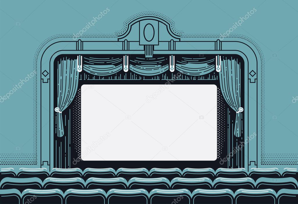 Cinema theatre movie screen vector illustration in retro styled yet clean design. Vintage movie theater interior with curtain, seat rows and blank film screen