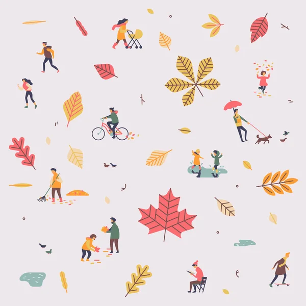 Прекрасный Векторный Минималистский Рисунок Осенью Осенью Падающими Листьями Абстрактными Людьми — стоковый вектор