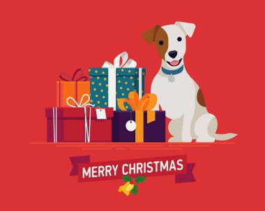 Güzel vektör Mutlu Noeller kartı, afiş ya da poster şablonu Sevimli teriyer köpeği yığılmış hediye paketlerinin yanında oturuyor