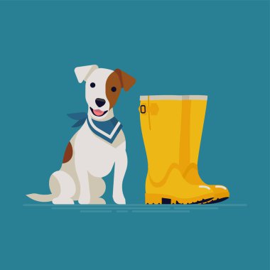 Lovely vector illustration on terrier dog ready for a walk wearing blue bandana or neckerchief sitting next to yellow rubber boots. Cute white coated with brown markings jack russell clipart