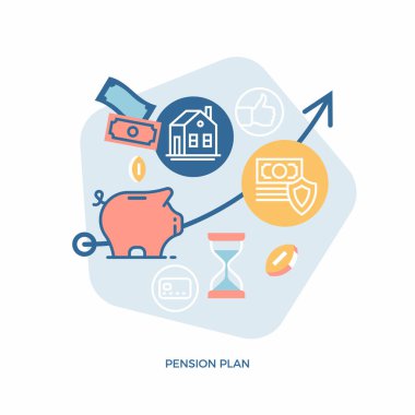 Pension plan vector concept illustration with financial and accounting icons and symbols such as piggy bank, cash money, coins, savings, time period, etc. clipart