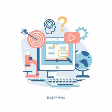 Düz vektör e-öğrenme, çevrimiçi eğitim veya sanal sınıf konsept tasarım unsuru. Sosyal medya yayınları, web ve grafik tasarımı için ideal