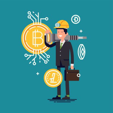 Bitcoin ve diğer kripto para madenciliği üzerine harika vektör konsepti tasarımı. Üzerinde sert şapka takan bir madenci karakteri var. 