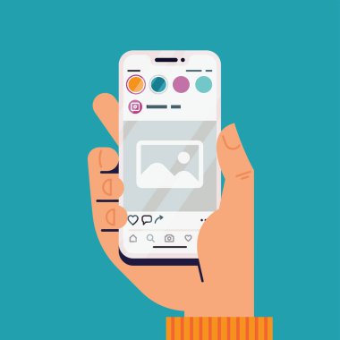 Ekranda soyut sosyal ağ uygulama arayüzü olan el ele tutuşan birinci sınıf mobil cihaz. Fotoğraf paylaşım uygulaması kullanıcı konsepti çizelgesi