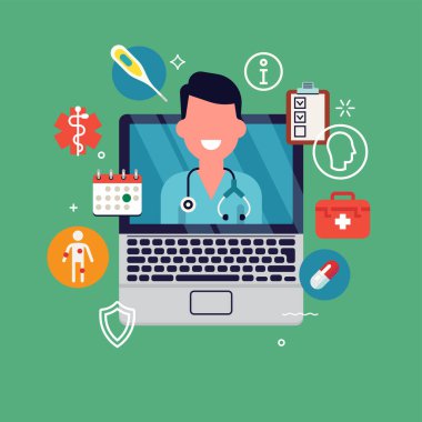 Uzaktan sağlık hizmetleri danışmanlığında kaliteli düz vektör illüstrasyonu ya da bilgisayar ekranı ve sağlık temalı simgelerde doktorla birlikte teletıp