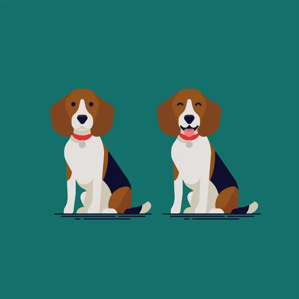 ビーグルの猟犬の愛らしいフラットベクトルの小さな犬の文字のデザインを閉じて口を開けて 赤い襟を着て座っている ペットをテーマにしたグラフィックと結婚式のデザインに最適 — ストックベクタ