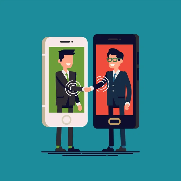 Плоская Векторная Иллюстрация Цифрового Бизнеса Двумя Бизнесменами Взаимодействующими Друг Другом — стоковый вектор