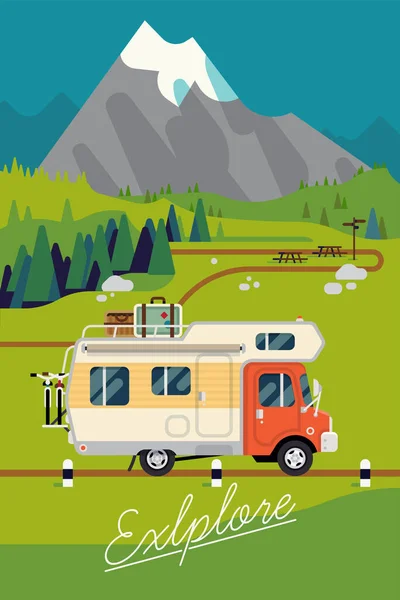 酷酷的矢量 海报模板 夏天在山上 有野营大篷车 自行车和行李乘坐的风景秀丽的道路 — 图库矢量图片