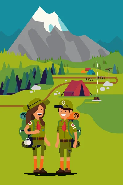 高质量的平面矢量侦察员孩子们站在高山上 背景是帐篷营 山地夏令营 青少年暑期远足活动 — 图库矢量图片