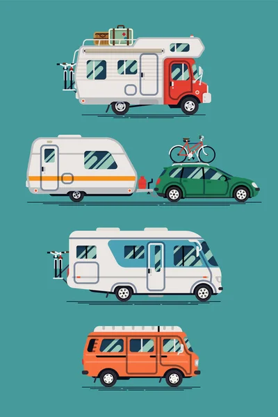 Conjunto Qualidade Veículos Lazer Férias Road Trip Vector Camping Carros —  Vetores de Stock