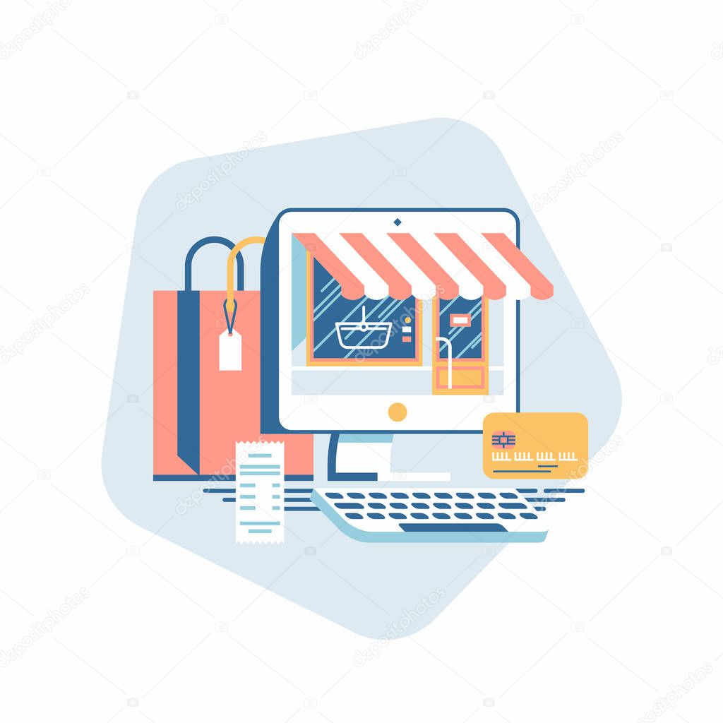 Trendy vector design element on online shopping and e-commerce with desktop personal computer, shopping bag, chip bank debit or credit card and store shop facade