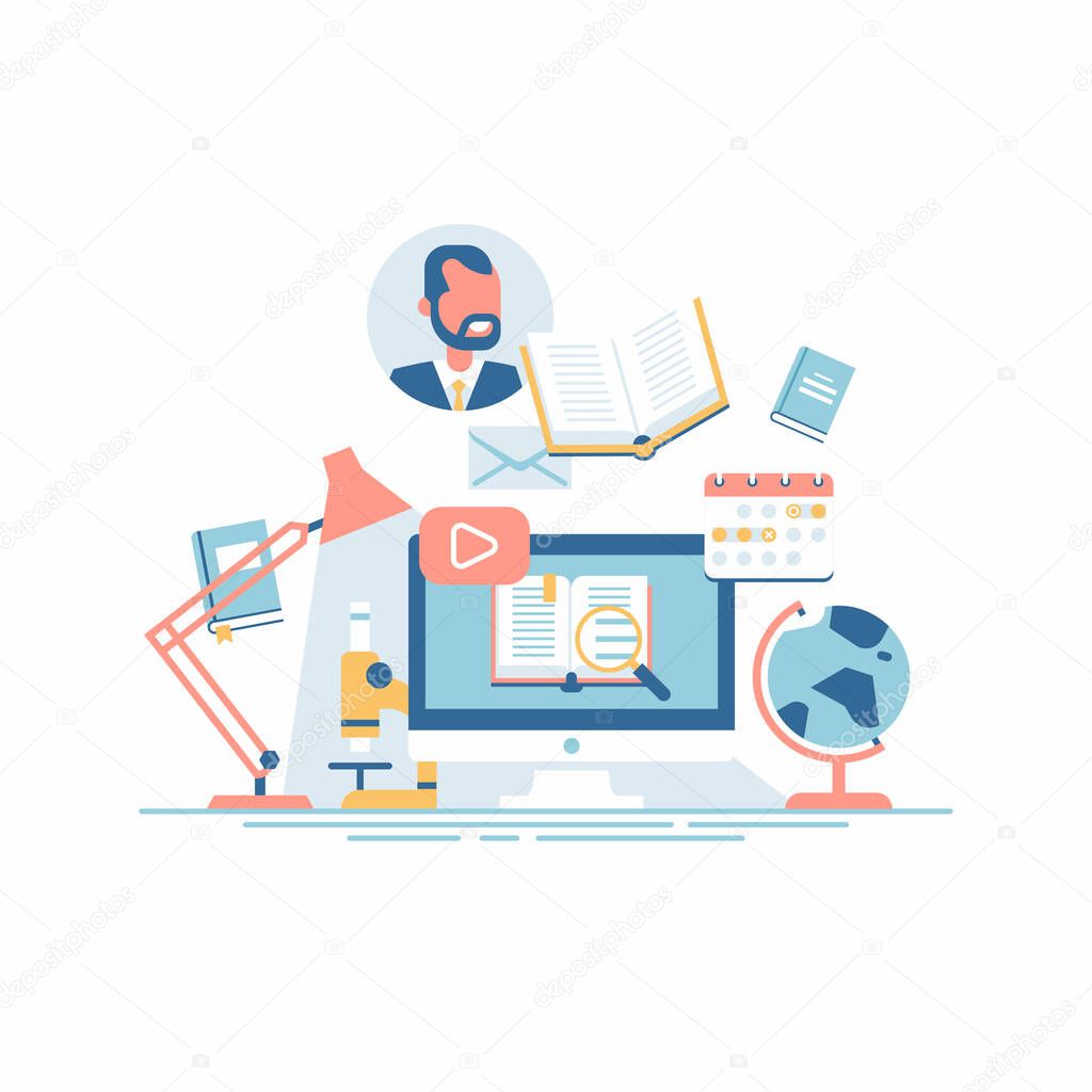 Cool vector concept illustration on e-learning, online courses, virtual classroom and other educational themed activity process 