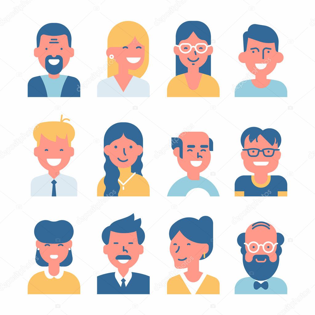 Set of vector simplified minimalistic avatars. Different characters portraits in limited colour scheme. Ideal for social media and business presentations, UI, UX, graphic and web design, applications and interfaces