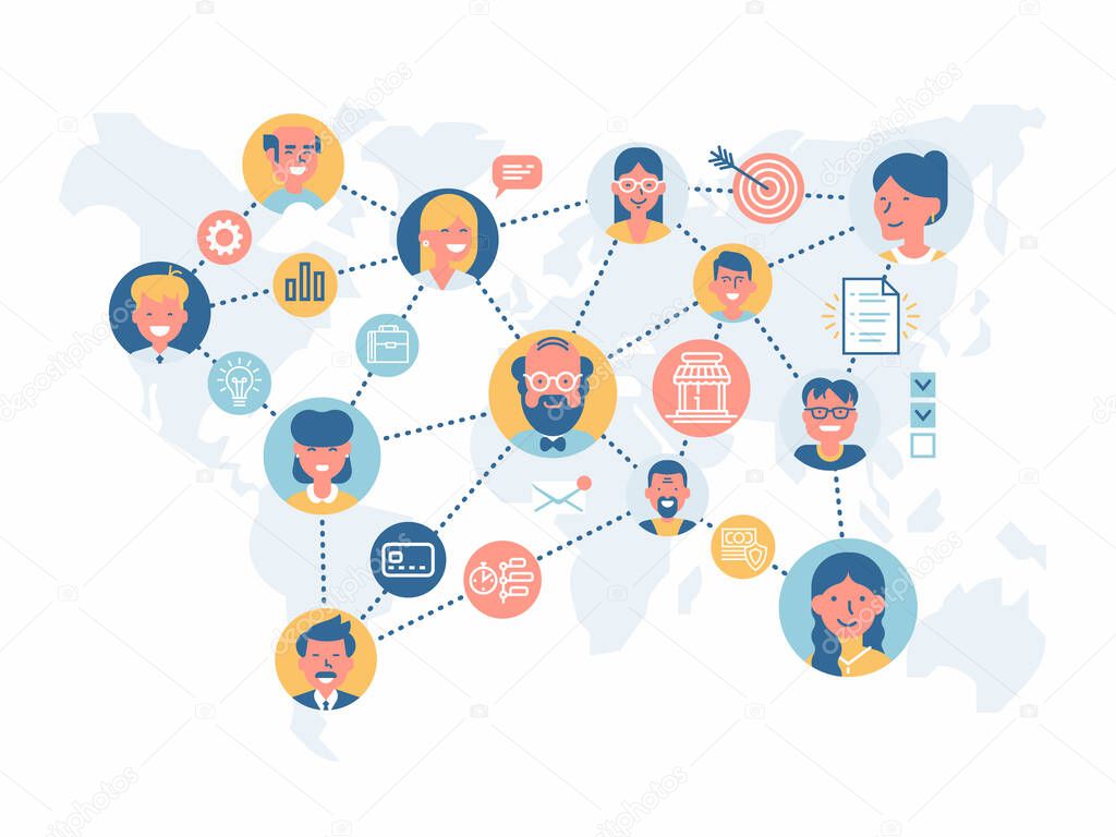 Global worldwide business team workflow vector concept design. Social media worldwide illustration