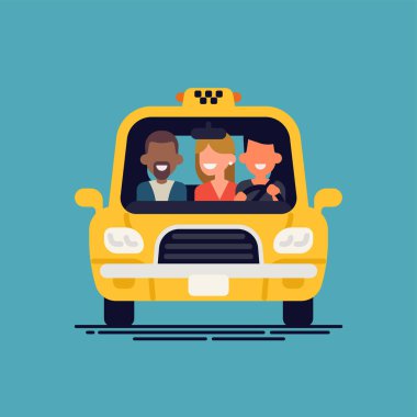 Taksi servisinde havalı vektör düz tasarım elemanı soyut sarı arabalı, sürücü ve yolcularla izole edilmiş.