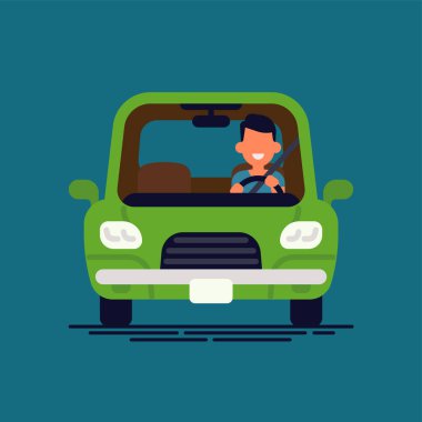 Şoför direksiyonda. Adam arabasını kullanıyor, düz tasarım vektörü minimalist çizim