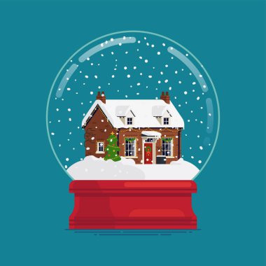 Kar küresi hediyesi ya da hatıra eşyası. Geleneksel Noel tatili eşyası olan su küresinin vektör elementi karla kaplı ve Xmas için dekore edilmiş şirin Gürcü kulübesi.
