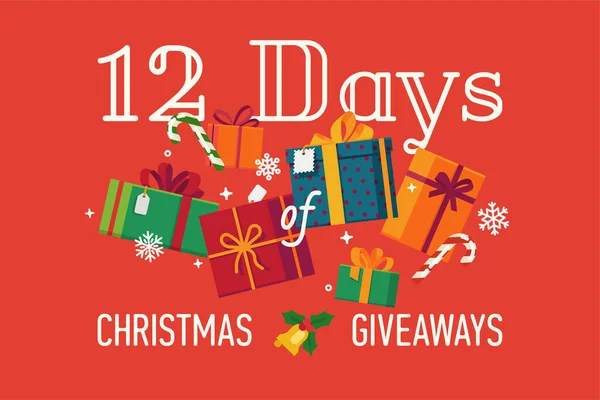 12天的圣诞礼物 矢量横幅或头像模板与红色背景 不同的礼物和礼物盒 糖果罐和雪花 — 图库矢量图片