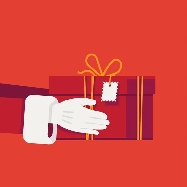 赤いギフトボックスを持つ白い手袋でサンタクロースの手で美しいクリスマス休暇をテーマにしたベクトルイラスト クリスマスの贈り物とプレゼント 秘密のサンタギフト交換のコンセプトイラスト — ストックベクタ