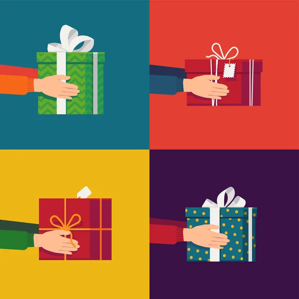 Szép Készlet Karácsonyi Témájú Vektor Illusztrációk Kezek Tartó Különböző Ajándék — Stock Vector