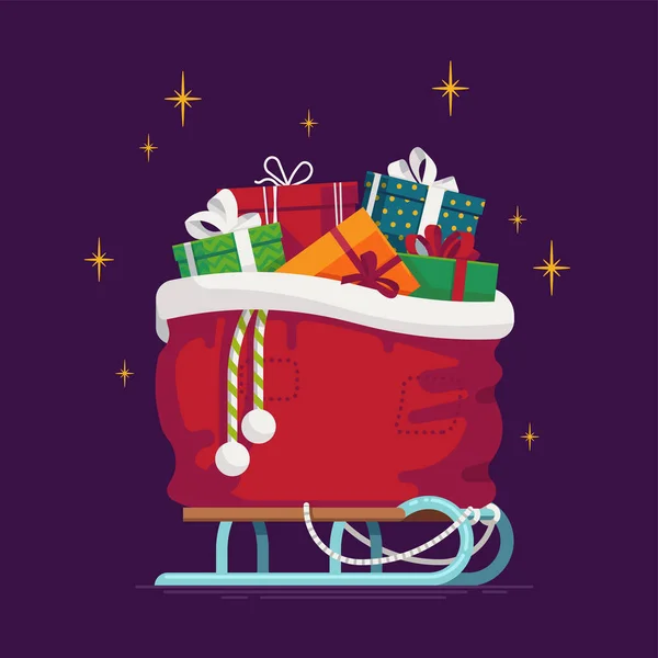 Saco Regalo Navidad Santa Lleno Cajas Regalo Regalos Pie Trineos — Vector de stock