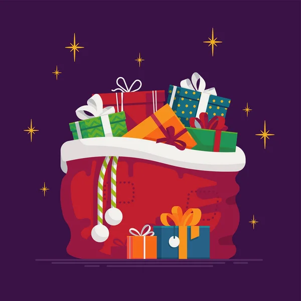 Прекрасна Векторна Ілюстрація Різдвяному Подарунковому Мішку Сантас Повний Подарункових Коробок — стоковий вектор