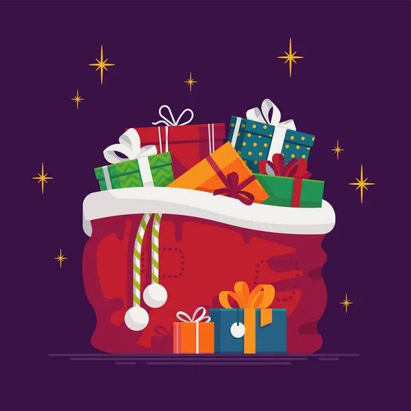 Preciosa Ilustración Vectorial Saco Regalo Navidad Santas Lleno Cajas Regalo — Vector de stock