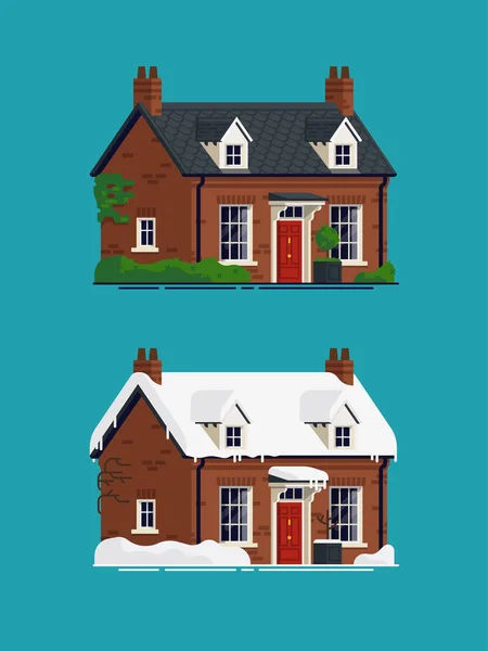 Elementos Diseño Vectorial Pequeña Casa Campo Ladrillo Diferentes Estaciones Pequeña — Vector de stock