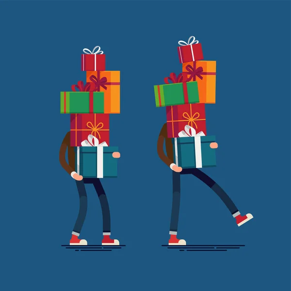 ギフトボックスの背の高いスタックを運ぶ男にクールなベクトル文字デザイン クリスマスのお祝いの季節のショッピングイラスト ボクシングの日のコンセプト — ストックベクタ