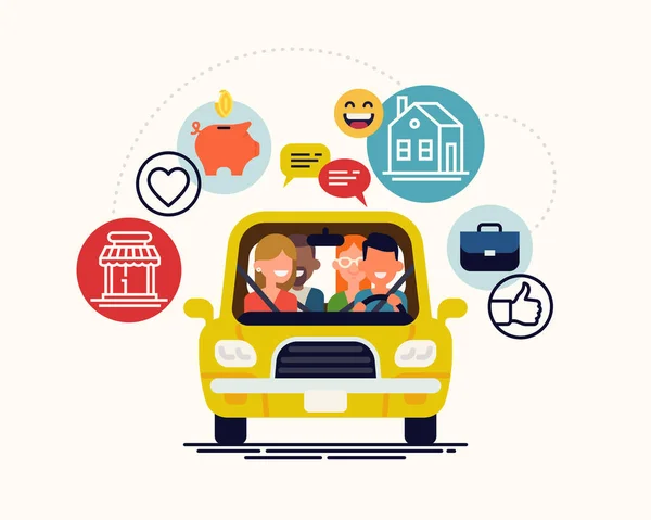 Carpool Car Sharing Lift Sharing Concept Illustrazione Con Gruppo Semplificato — Vettoriale Stock