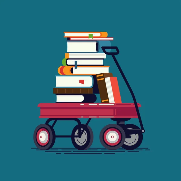 おもちゃワゴンに積み上げ本の大規模な山と子供の読書 知識と教育のクールなベクトルデザイン要素 — ストックベクタ