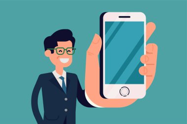 Akıllı telefon görüntüsünü yakından gösteren bir iş adamı illüstrasyonu. İnsanla geniş açı biçimli düz karakter tasarımı, boş ekran ile mobil aygıt tutun