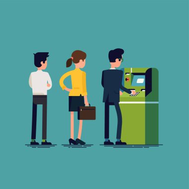 ATM kuyruğu. Otomatik veznedar makinesi kullanan insanlar üzerinde düz vektör çizimi. Ofis çalışanları nakit çekiyorlar ve diğer para işlemlerini nakit para makinesiyle yapıyorlar.