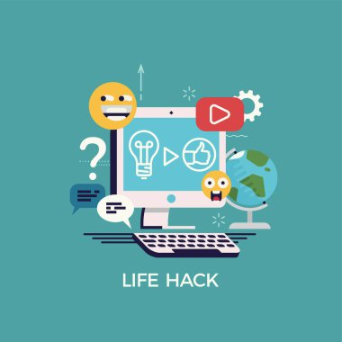 Hayat hacklemesiyle ilgili düz vektör çizimi. Sosyal medya yaratıcı sürecinde farklı yaşam alanlarını geliştirme ve geliştirme hakkında fikir ve bilgi üretme ve paylaşma üzerine harika bir kavram.