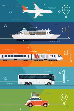 Değişik ulaşım türleri üzerine çizimler. Seyahat yerleri ve turistik güzergahlar. Uçakla, trenle, okyanus gemisiyle, otobüsle ya da arabayla seyahat eden havalı vektör düz tasarım şablonları.