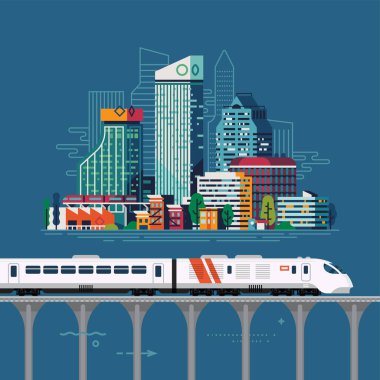 City railway connection. Regional railway network vector illustration with large abstract city and express train on high line viaduct clipart