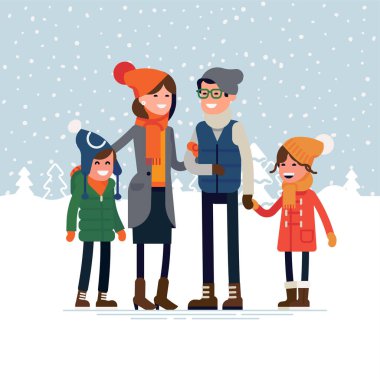 Karlı kışın açık havada çocuklu ebeveynler bir arada durur. Mutlu aile kış sezonuna hazır. Açık hava aktivite vektörü düz tasarım çizimi.