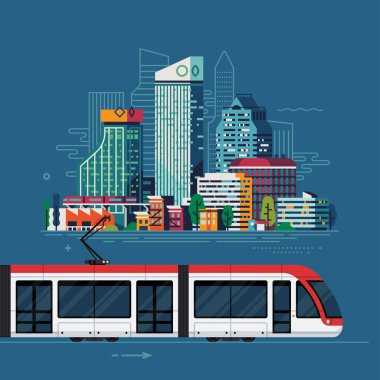 Şehir tramvayı bağlantısı. Büyük soyut şehir ve modern tramvay arabasıyla tramvay ağ vektör çizimi