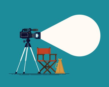 Film yapımında ya da film yönetmenliğinde havalı düz vektör arkaplanı. Film endüstrisi temalı web ve grafik tasarımı için ideal