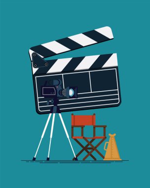 Film yapımcılığı, film yönetmenliği, stüdyo çekim sahnesi öğeleri üzerine havalı vektör konsepti tasarımı