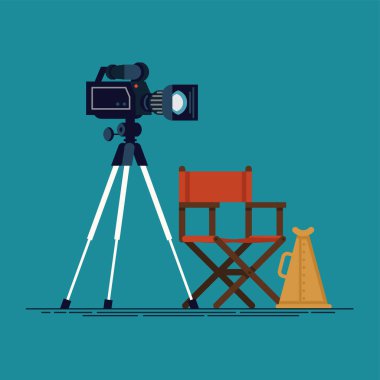 Film tasarım elementleri üretiyor. Havalı vektör film çekimi sahne ekipman kamerası, yönetmen koltuğu ve hoparlör.