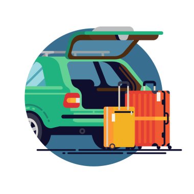 Arabayla seyahat ederken düz tasarım öğesi. Bagaj ve takım elbiseli steyşın araba konsept tasarımı. Tatil elbiseli bir araba bagajı.