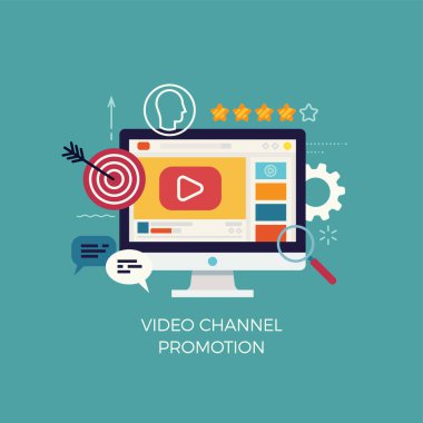Modern düz vektör video kanalı tanıtım konsepti çizimi. Sosyal medya paylaşımları, pazarlama, web ve grafik tasarımı için ideal