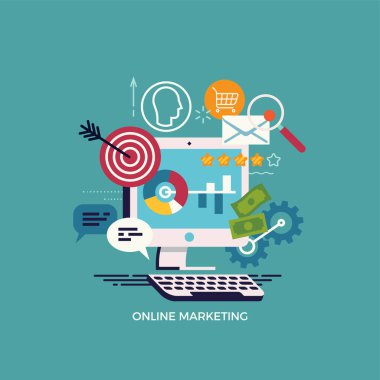 Çevrimiçi ve dijital pazarlama, çeşitli e-ticaret temalı simgeler ve sembollerle düz vektör konsepti çizimi. Sosyal medya yayınları, web ve grafik tasarımı için ideal