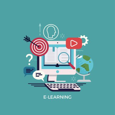 Modern düz vektör e-öğrenimi, çevrimiçi eğitim veya sanal sınıf konsepti çizimi. Sosyal medya yayınları, web ve grafik tasarımı için ideal