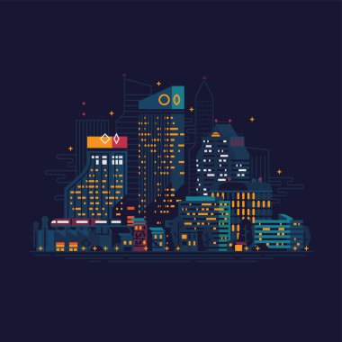 Serin vektör gece şehir manzarası düz tasarım illüstrasyonu