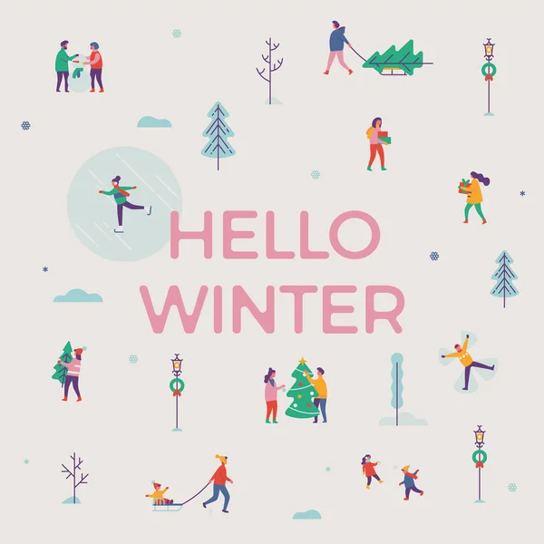 Bello Banner Poster Cartolina Vettoriale Hello Winter Con Tradizionali Attività — Vettoriale Stock
