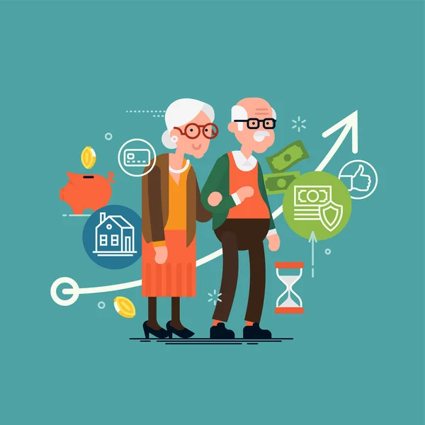 Pensioensparen Planning Concept Illustratie Met Ouderen Paar Financiële Boekhoudkundige Pictogrammen — Stockvector